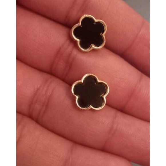 Gold Plated Black Clover Earrings Stainless Steel Floral Unisex Mens Womens - Picture 4 of 9